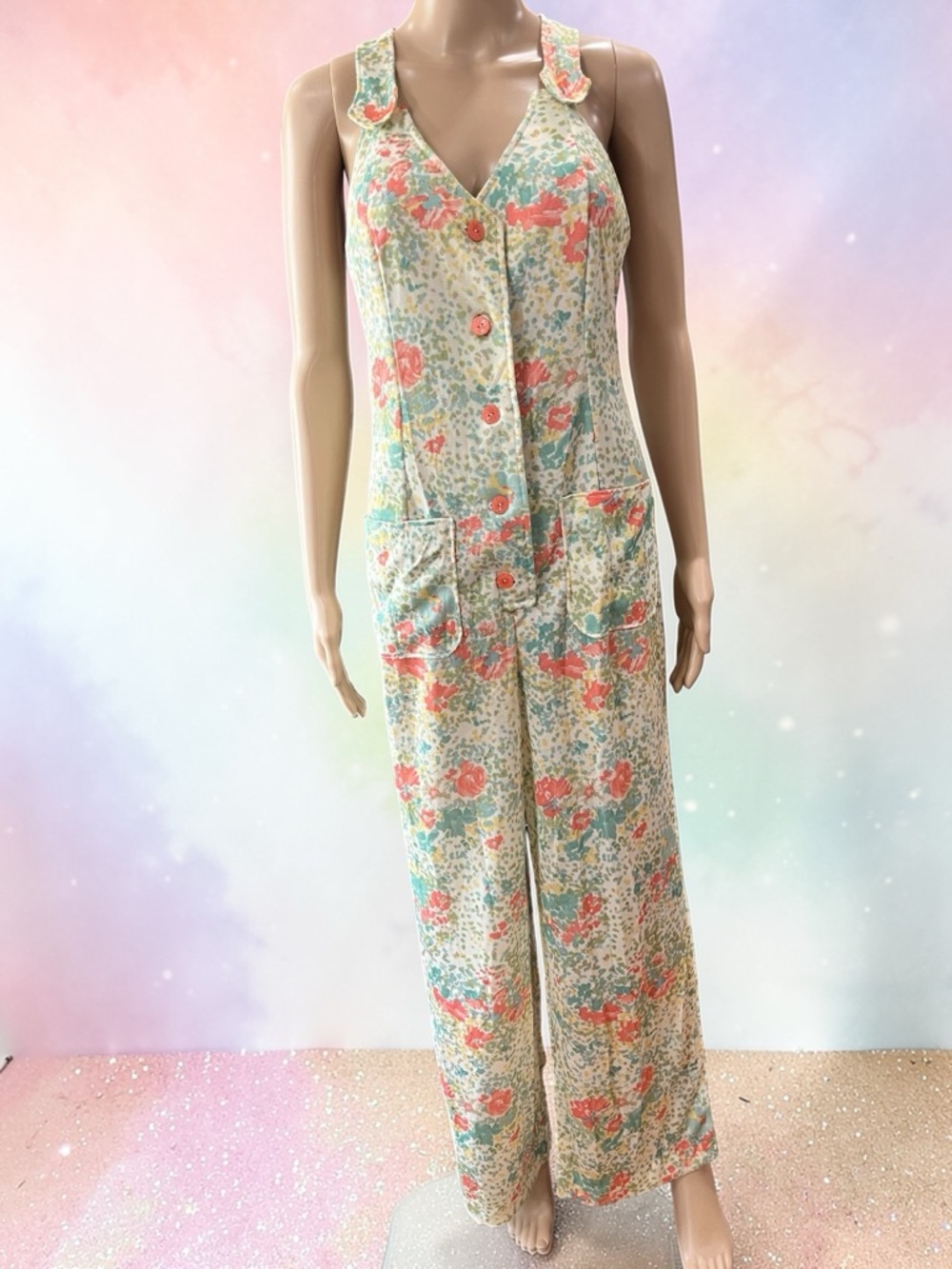 Floral Button-Front Wide Leg hand crafted jumpsuit